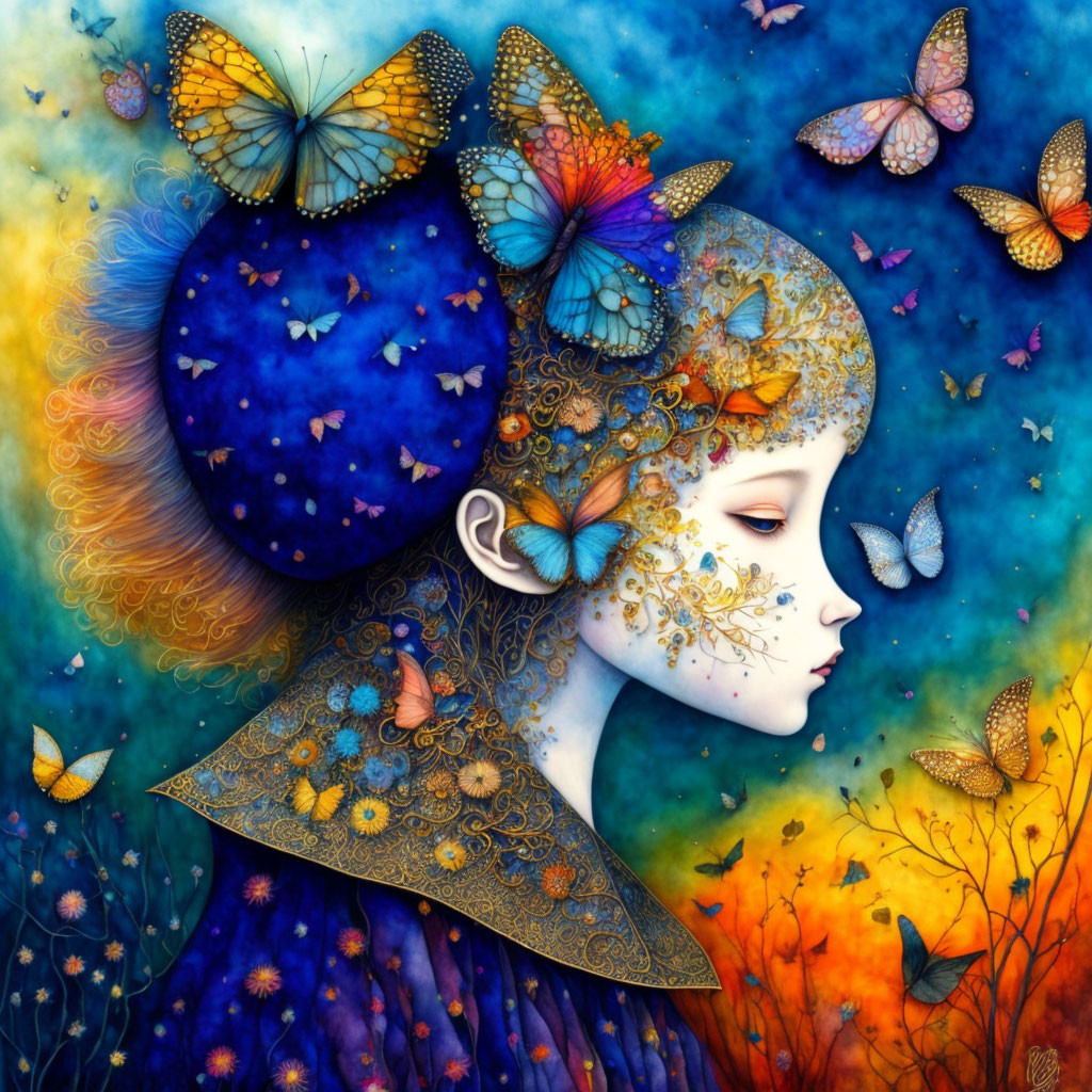 Fantasy illustration: person with intricate patterns, colorful butterflies, cosmic backdrop