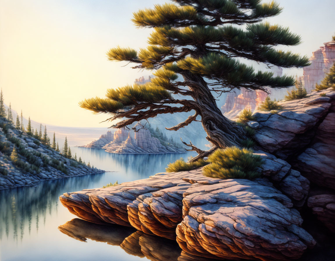 Tranquil landscape with lone pine tree above reflective lake