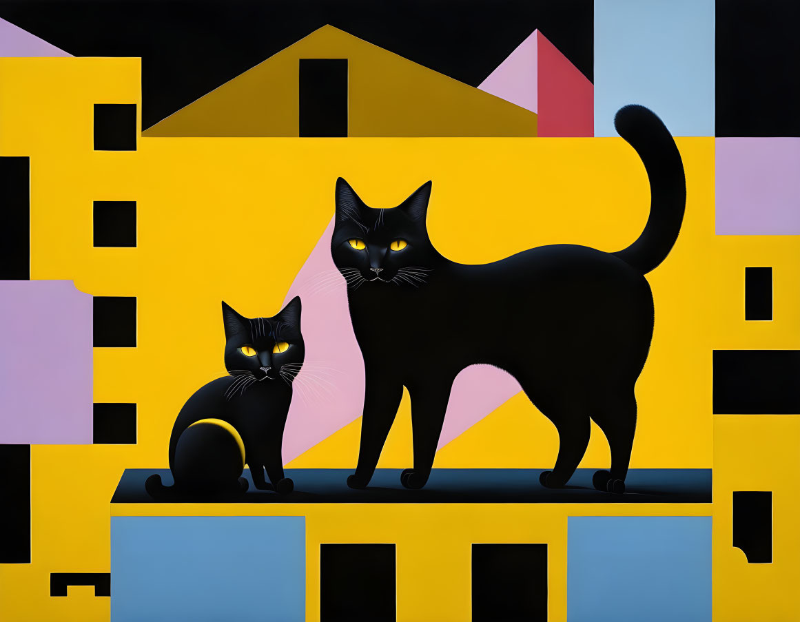 Stylized black cats with yellow eyes on colorful geometric backdrop