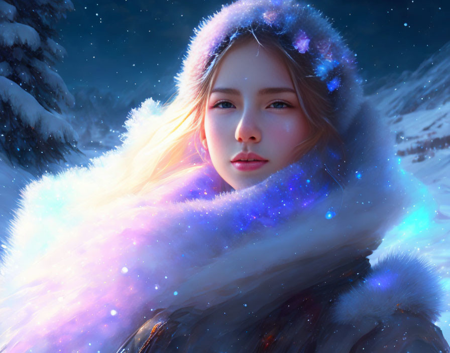 Young Woman in Cosmic Fur Cloak on Snowy Night