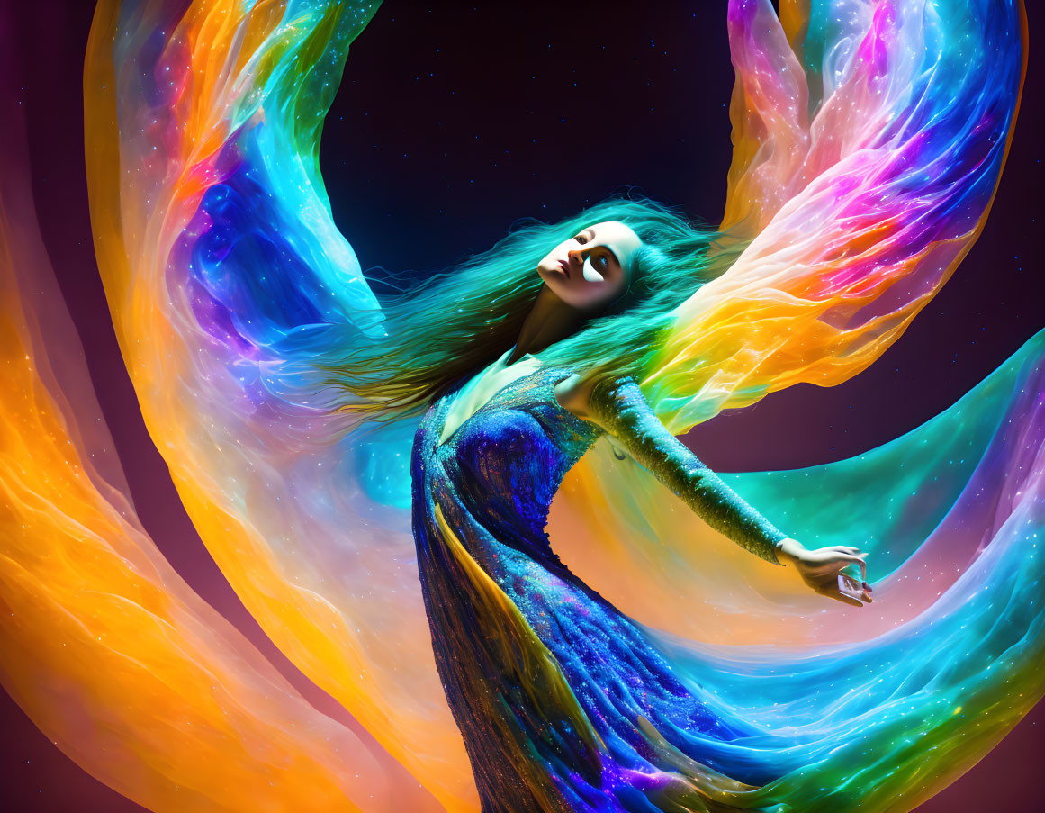 Colorful fabric swirling woman against cosmic backdrop: ethereal movement and magic