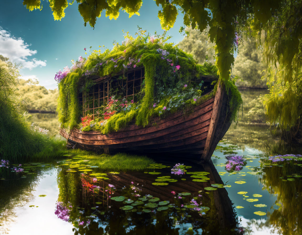 Wooden boat covered in greenery on calm pond with lilies, forest canopy.