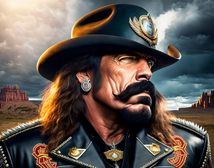 Stoic man with handlebar mustache in western attire against desert stormy skies