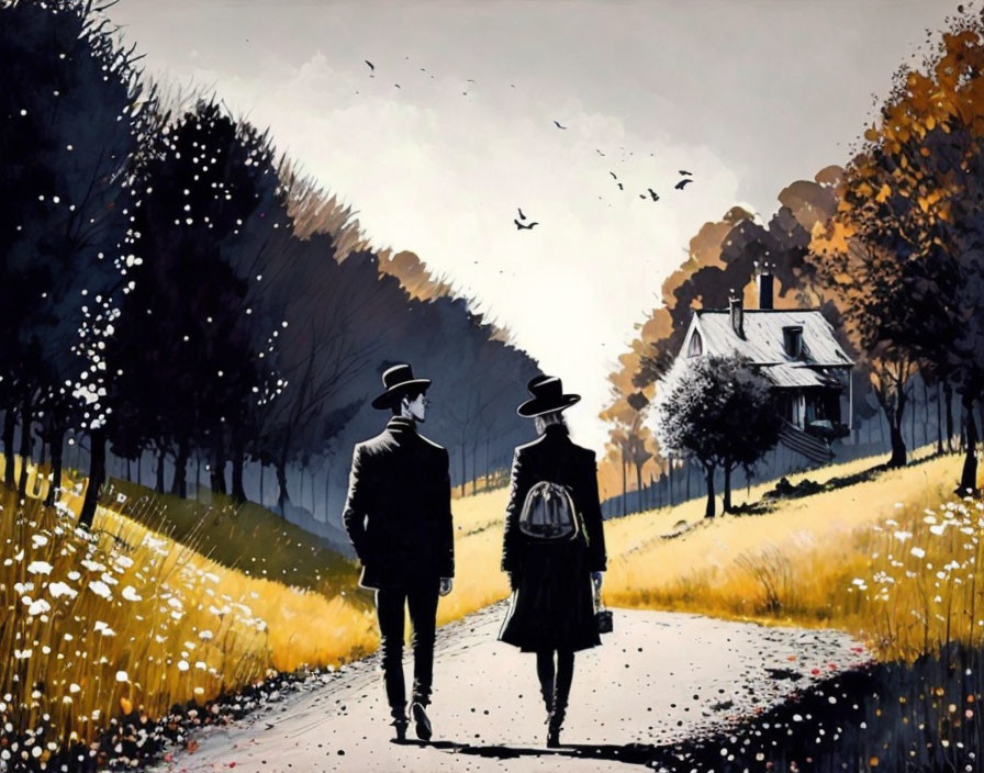 Silhouetted figures walking towards house in autumn countryside scene