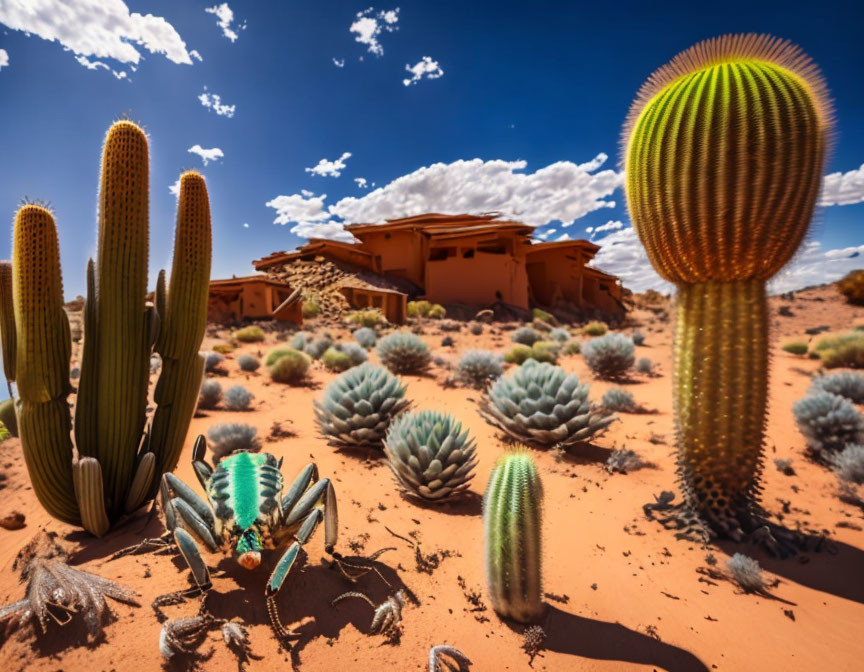 Desert landscape with cacti, adobe house, blue sky