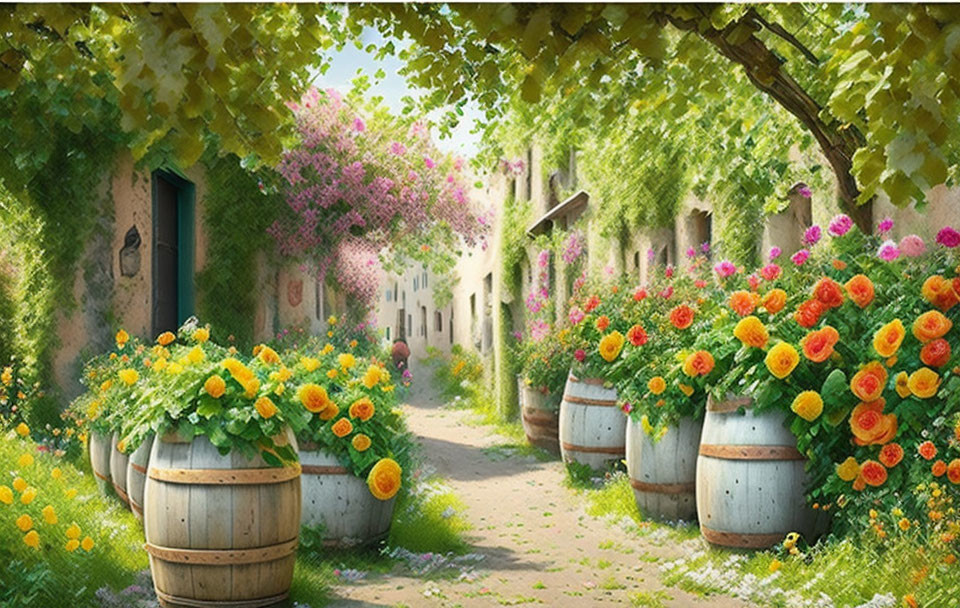 Scenic cobblestone alley with blooming flowers and grapevine canopy