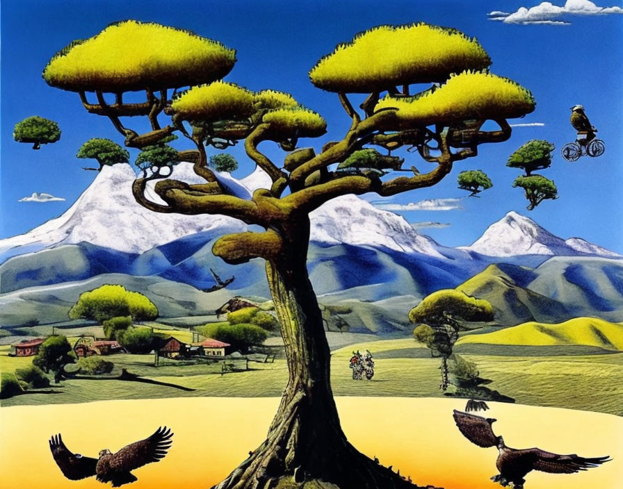 Surreal landscape with tree, bicycle rider, birds, and mountains