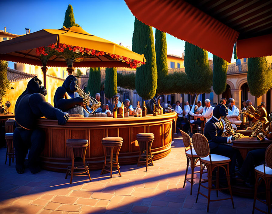 Outdoor bar scene: Animated animals playing jazz for human patrons