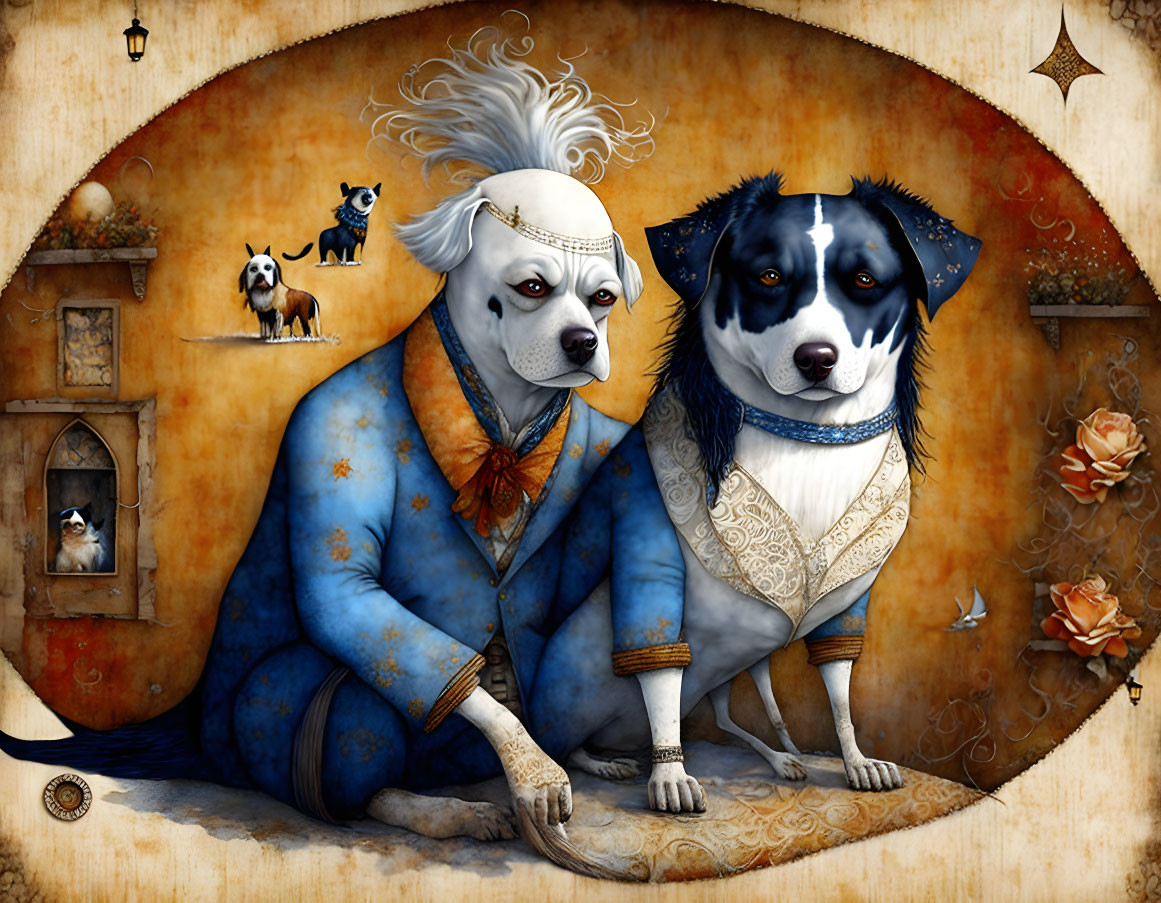 Anthropomorphic dogs in regal attire in whimsical room