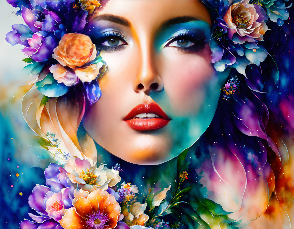 Colorful digital artwork: Woman's face with bold makeup, flowers, and cosmic elements