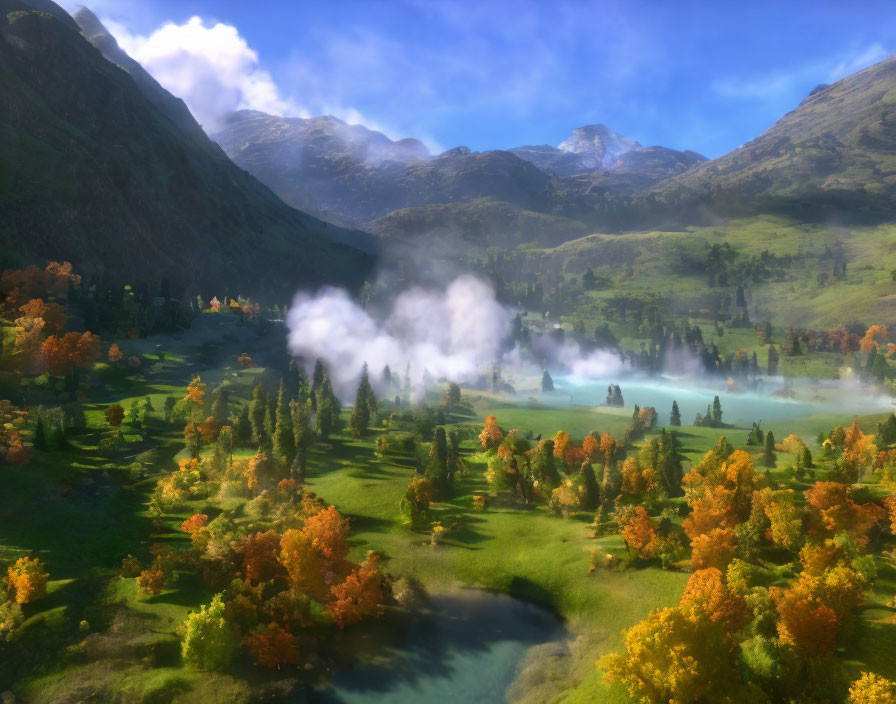 Autumn lake landscape with mist, colorful trees, mountains, blue sky