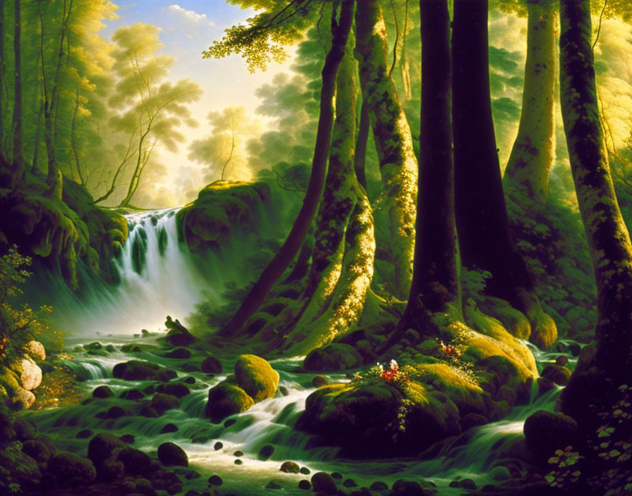 Tranquil forest landscape with waterfall, sunbeams, and stream