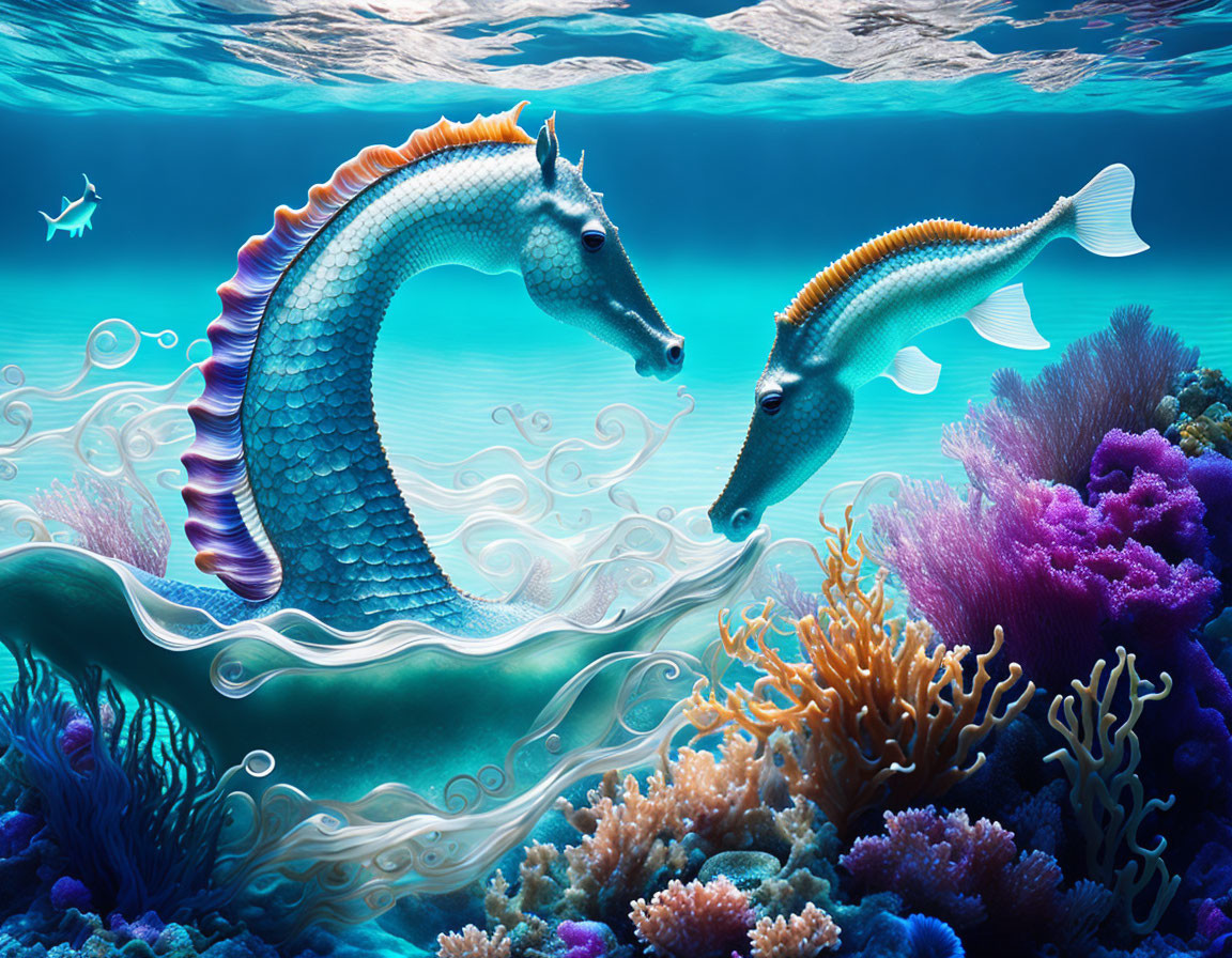 Colorful Stylized Seahorses Swimming in Vibrant Coral Reef