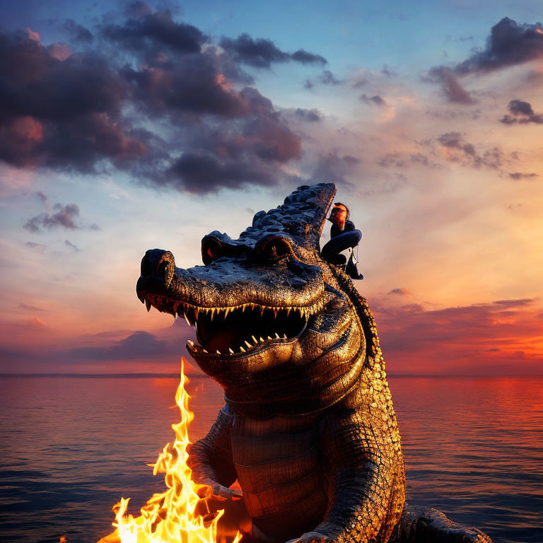 Person sitting on giant crocodile breathing fire at sunset ocean.