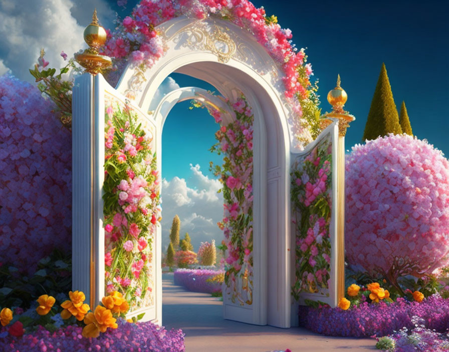 Vibrant garden with ornate open gates and pink flowers