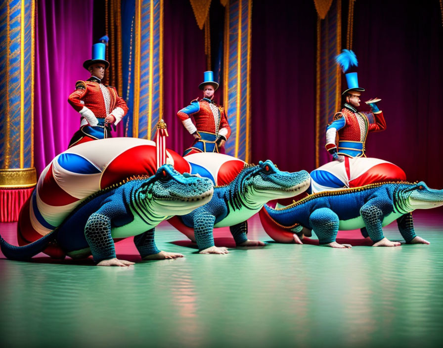 Colorfully costumed performers ride alligator props in whimsical circus act