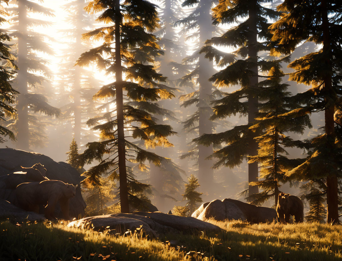 Misty pine forest with sunlight and morning fog