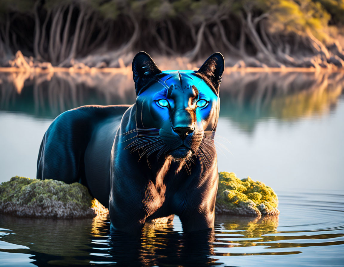 Blue panther with glowing eyes near water and forest.