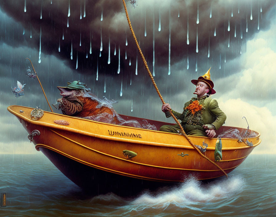 Man and cat fishing in boat under rainstorm with butterflies, surreal calmness.