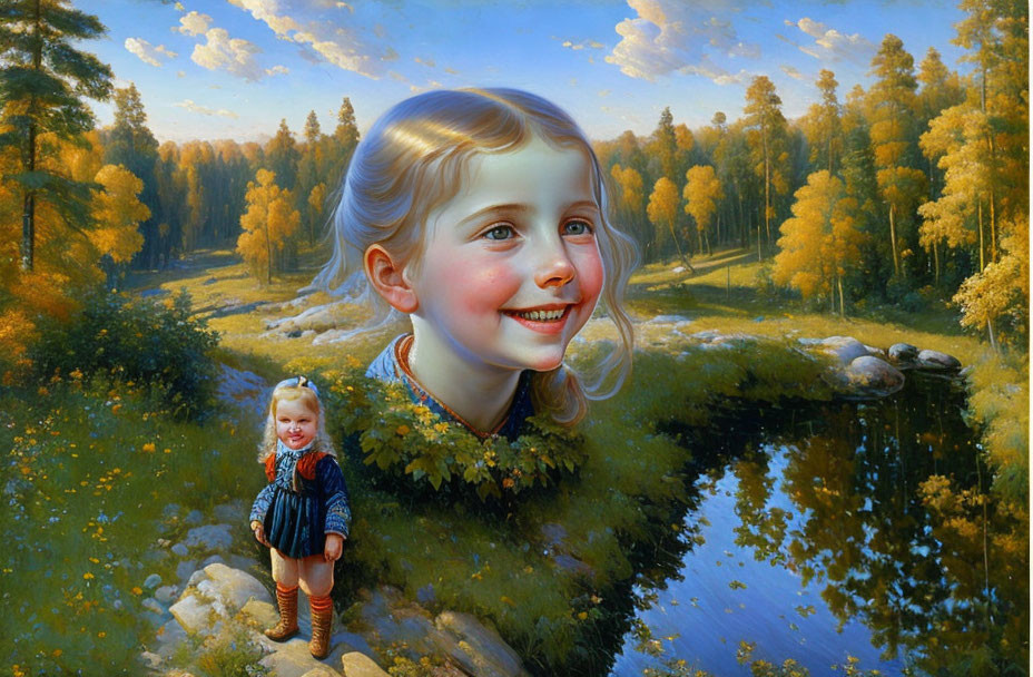 Hyperrealistic painting of giant girl's face in forest with small boy on riverbank