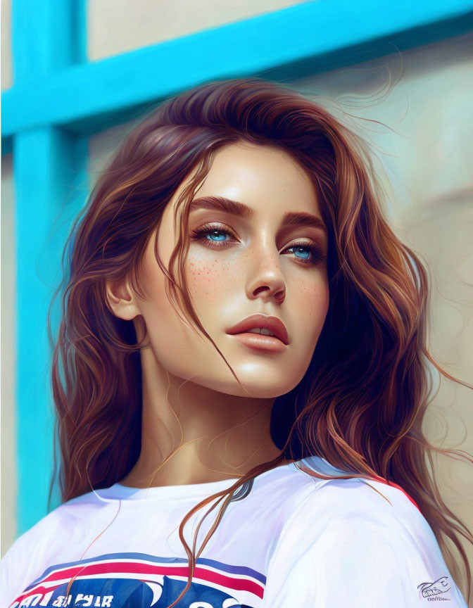 Young woman with wavy hair and blue eyes in digital artwork