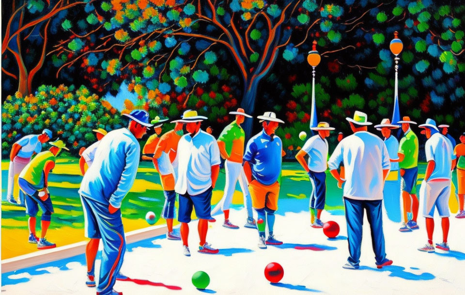 Colorful painting of people playing lawn bowls in a park setting