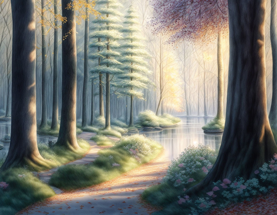 Serene river in enchanted forest with tall trees, winding path, and blooming flowers