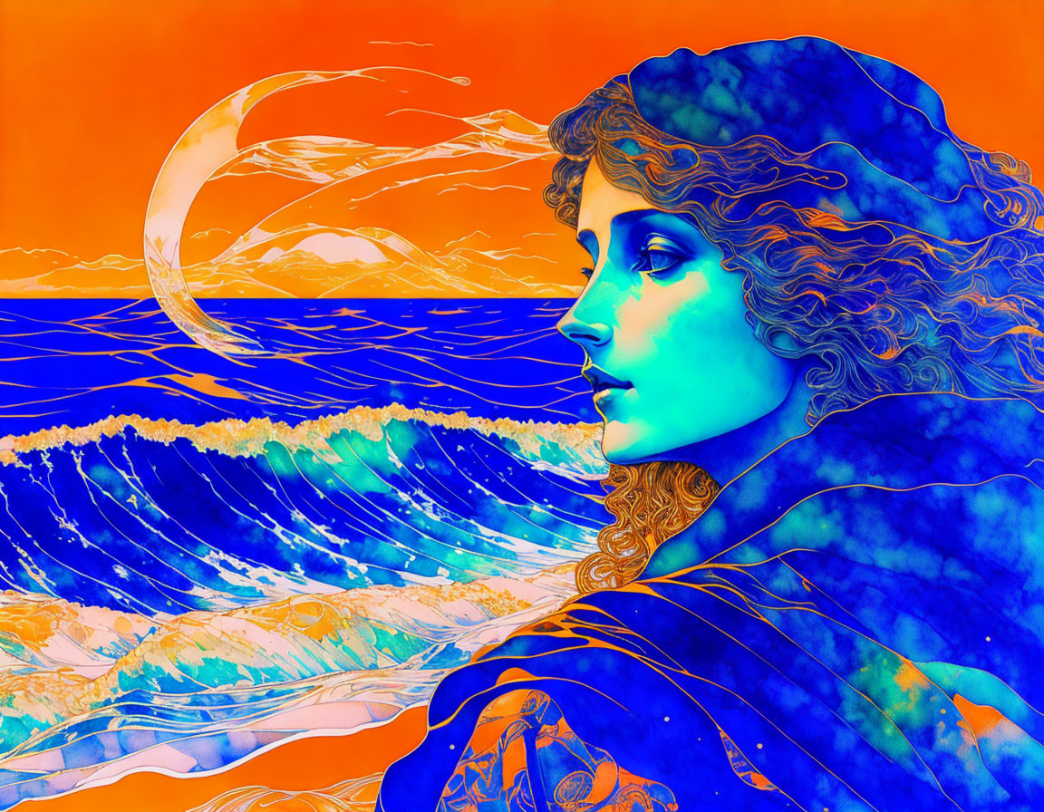 Colorful profile illustration with ocean waves and crescent moon.