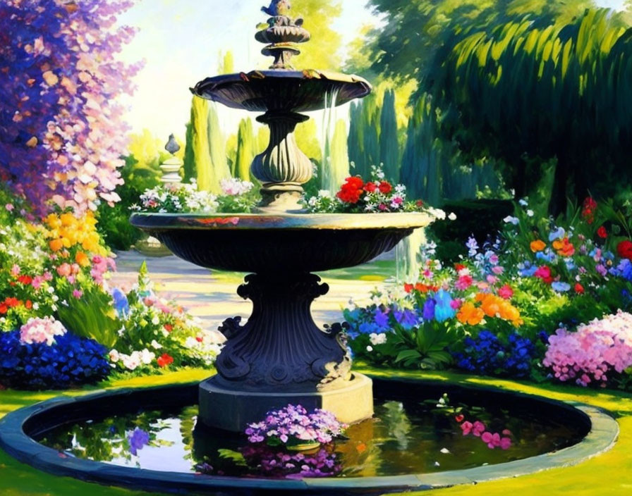 Colorful garden scene with three-tiered fountain surrounded by flowers