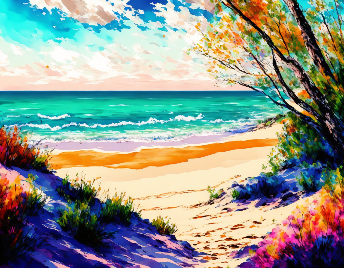 Colorful beach scene with tree, waves, and clouds