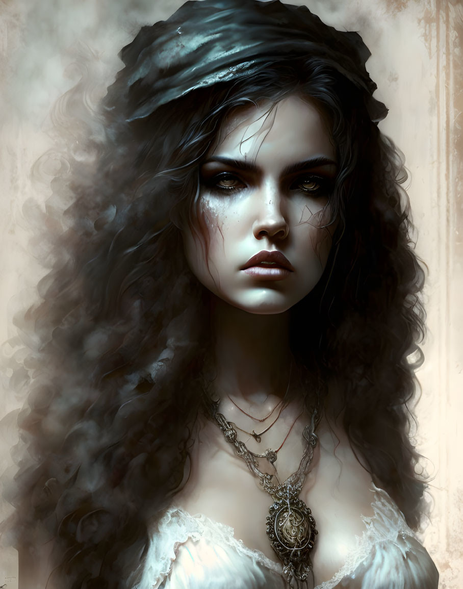 Dark-haired woman in gothic style portrait with intense eyes and decorative necklace.