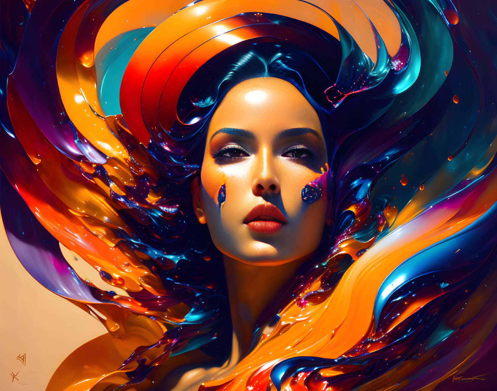 Vibrant digital artwork: Woman with colorful liquid hair swirls