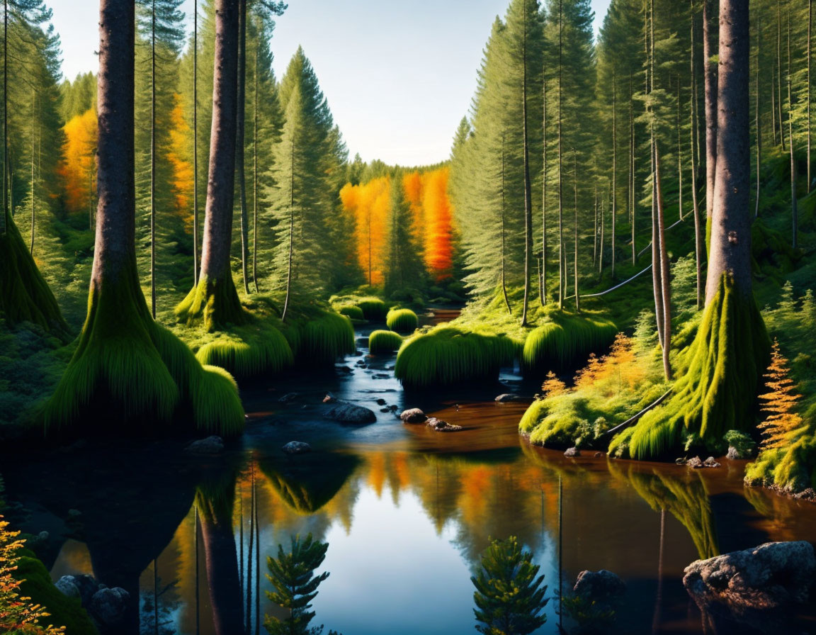 Tranquil forest stream with moss-covered trees and vibrant autumn foliage.