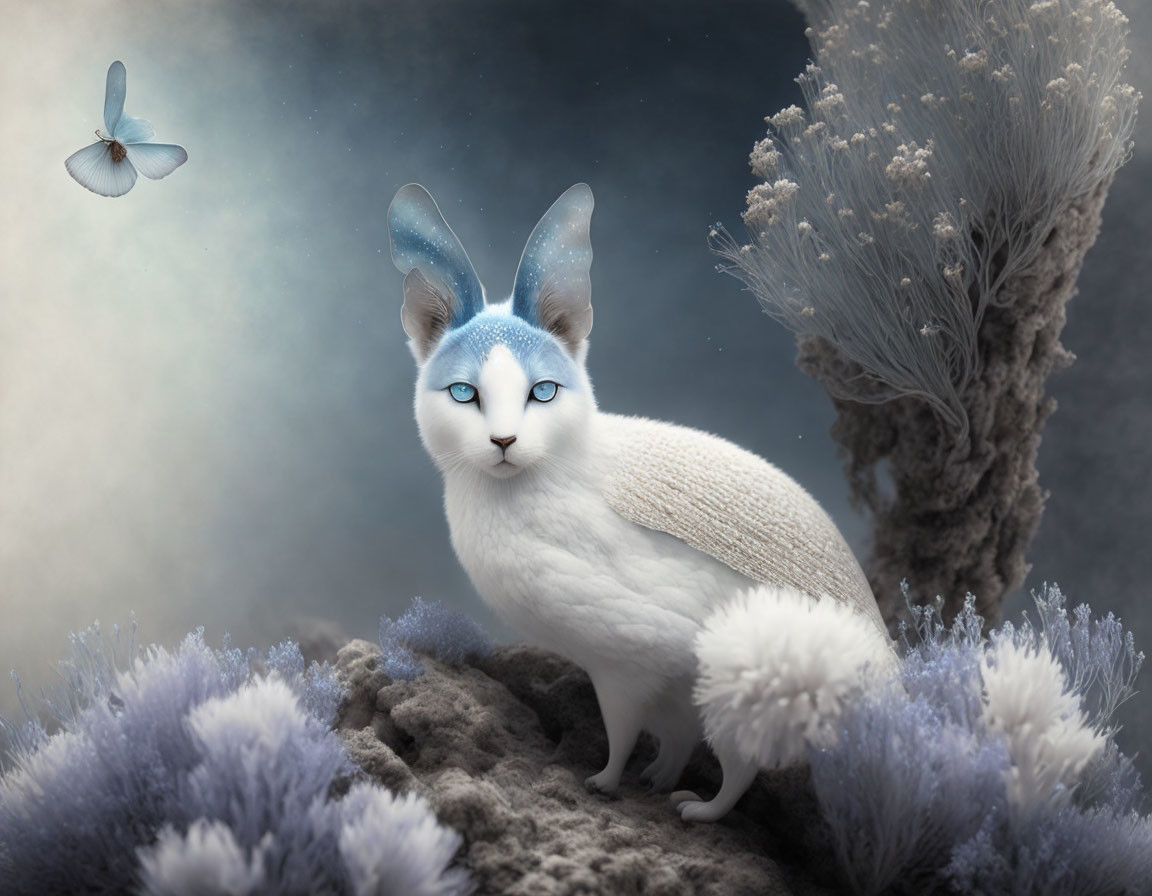 White Fantasy Cat with Blue Ears in Mystical Landscape