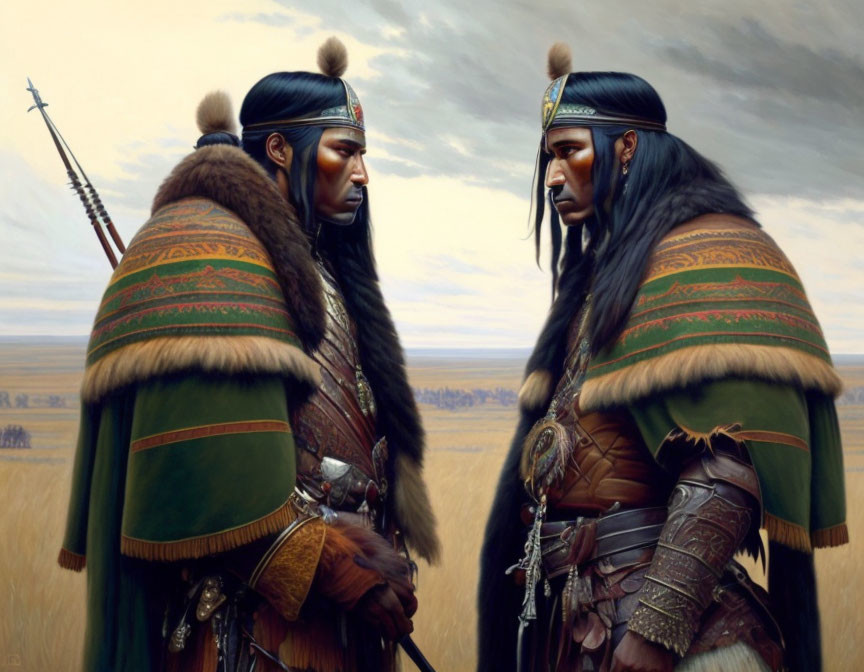 Traditional Mongolian warriors in grassland with bow, stern expressions