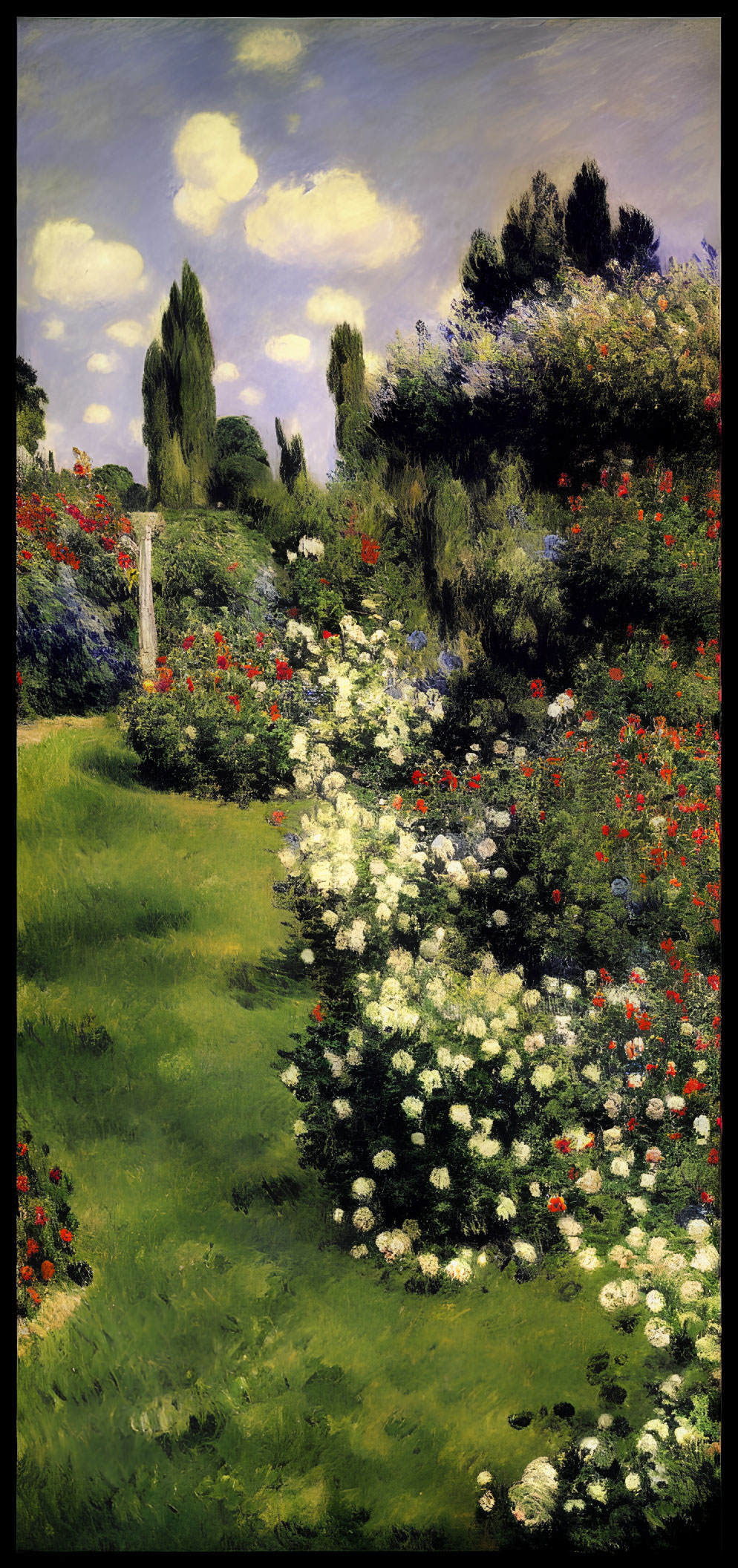 Vibrant garden painting with lush greenery and colorful flowers