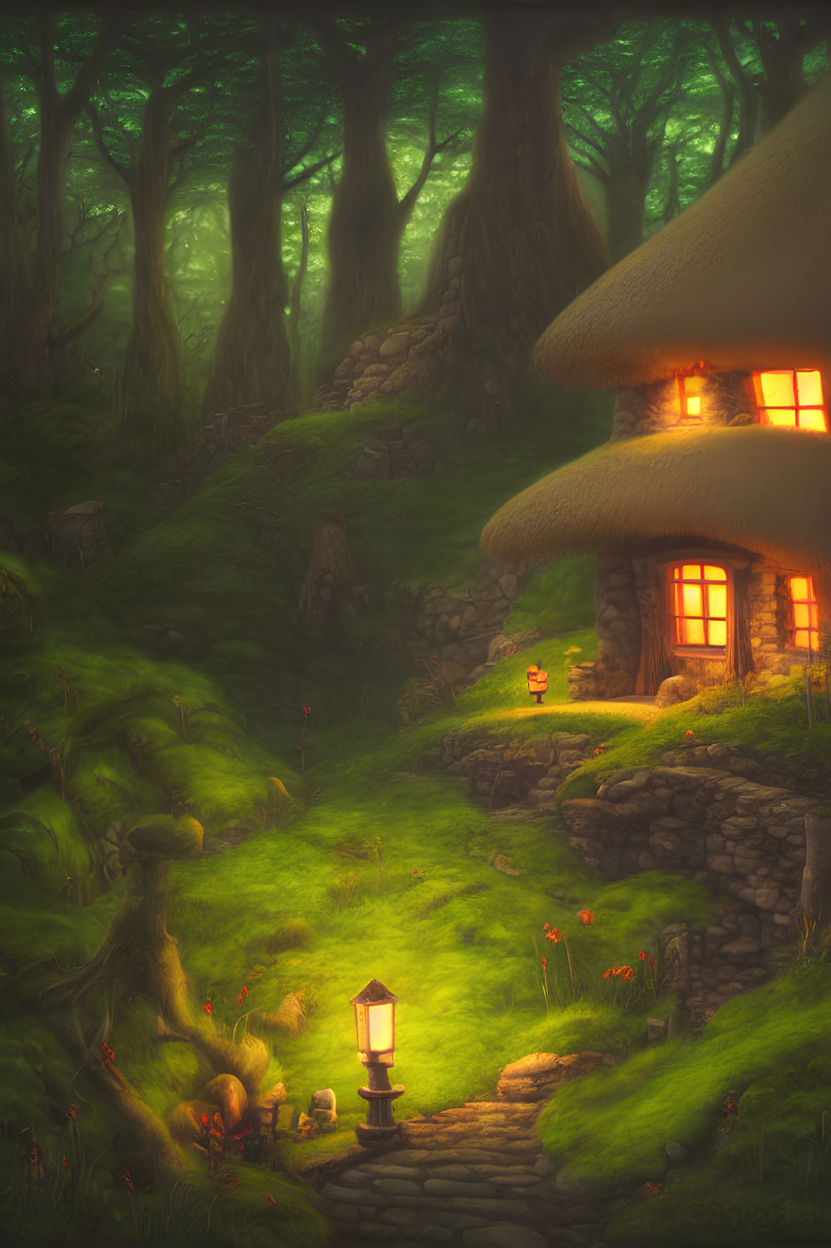 Enchanting forest scene with glowing mushroom house, stone pathway, lush greenery, and lantern at