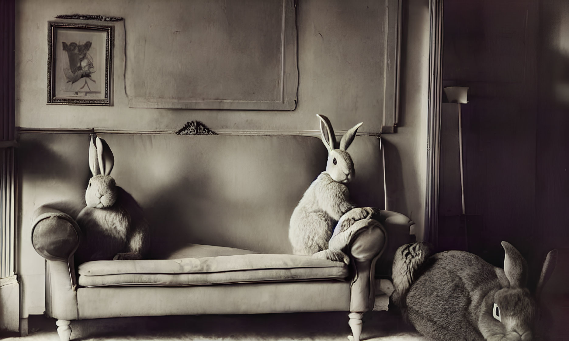 Three Oversized Rabbits in Vintage Room: One Standing, One Sitting, One Lying