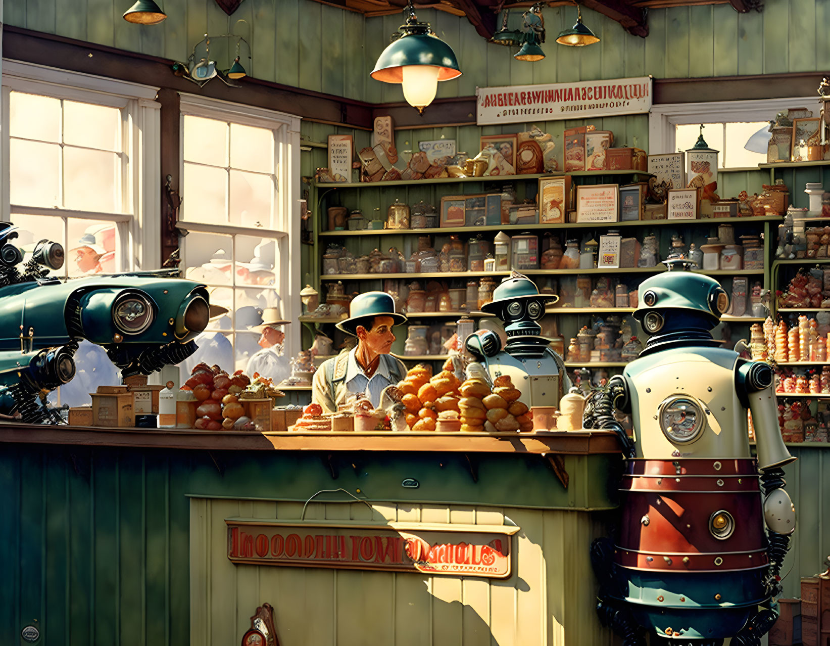 Whimsical bakery scene with robots, human server, vintage decor, and warm lighting