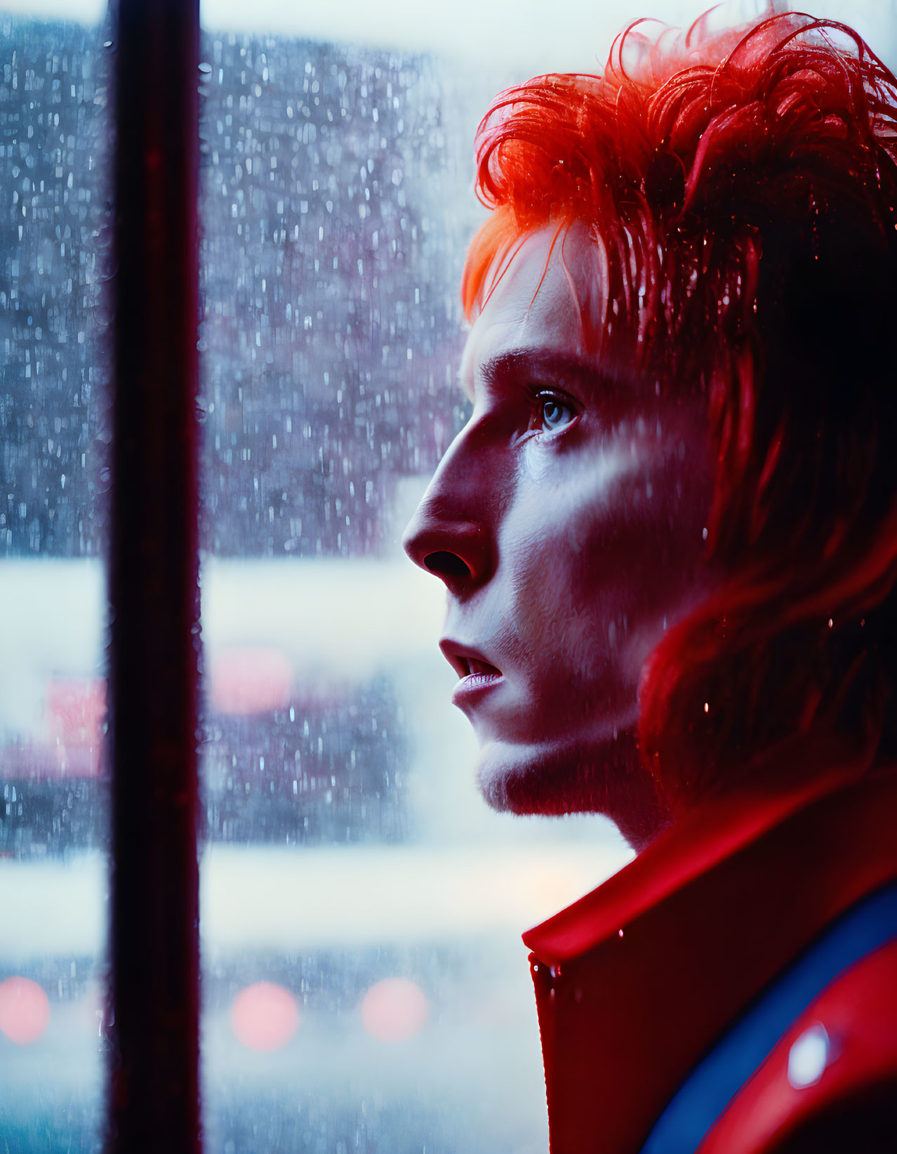 Red-haired person with vibrant makeup looking out rain-splattered window at city lights