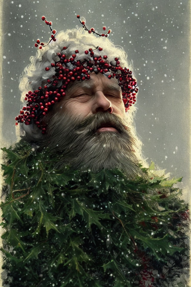 White-bearded person with red berry crown in snowfall