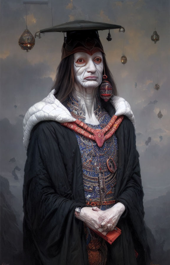 Academic figure in regalia with tribal face paint in misty mountain setting