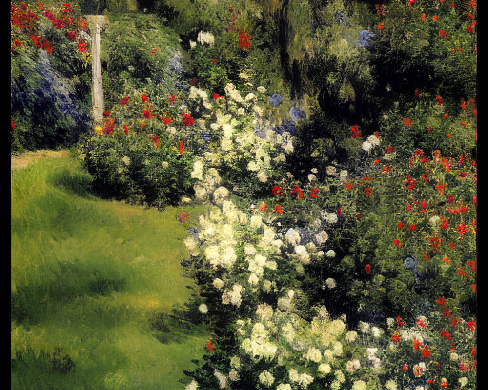 Vibrant garden painting with lush greenery and colorful flowers