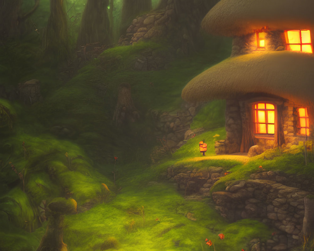 Enchanting forest scene with glowing mushroom house, stone pathway, lush greenery, and lantern at