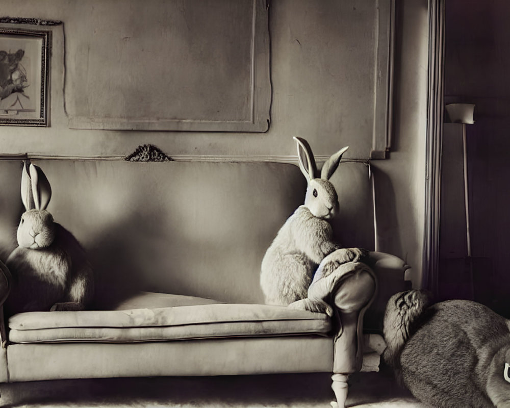 Three Oversized Rabbits in Vintage Room: One Standing, One Sitting, One Lying