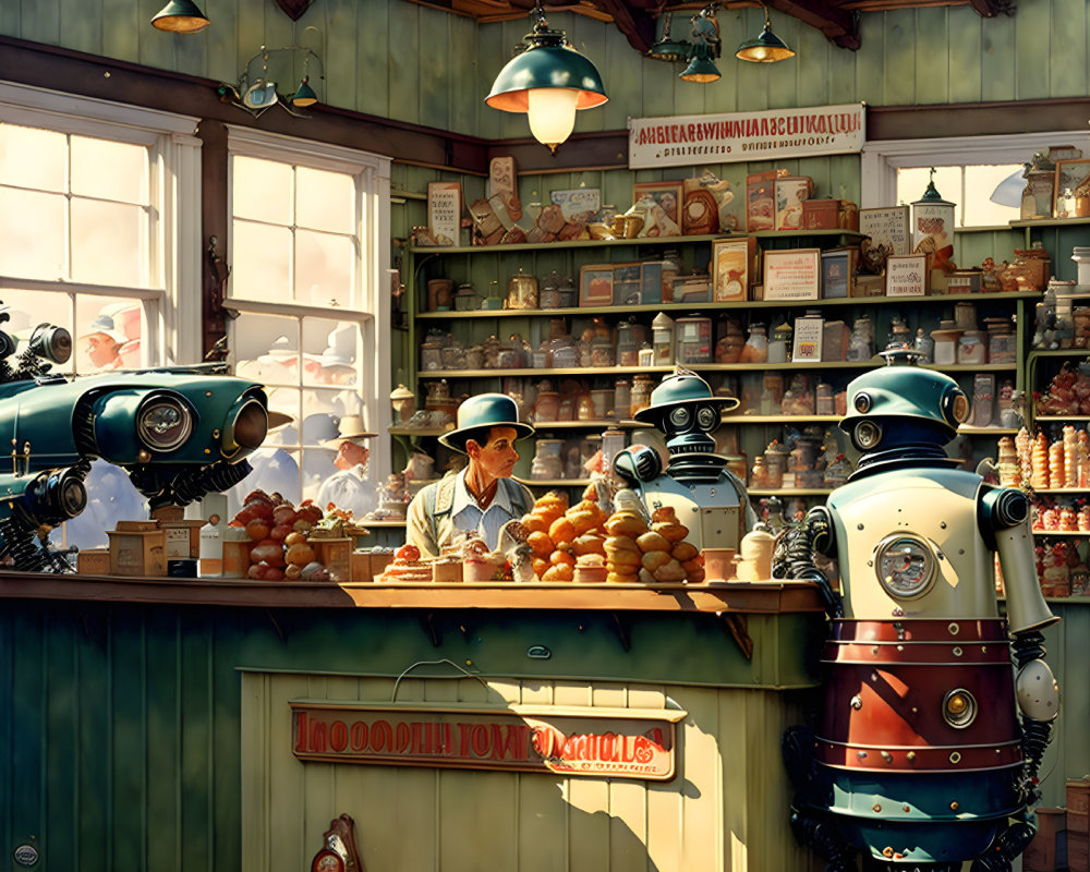 Whimsical bakery scene with robots, human server, vintage decor, and warm lighting