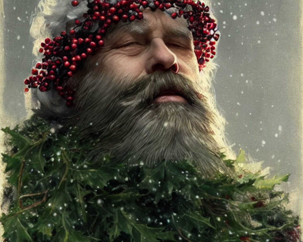 White-bearded person with red berry crown in snowfall