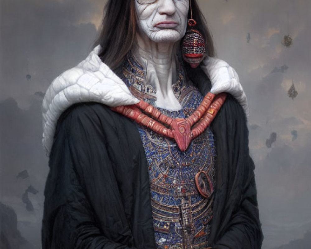 Academic figure in regalia with tribal face paint in misty mountain setting