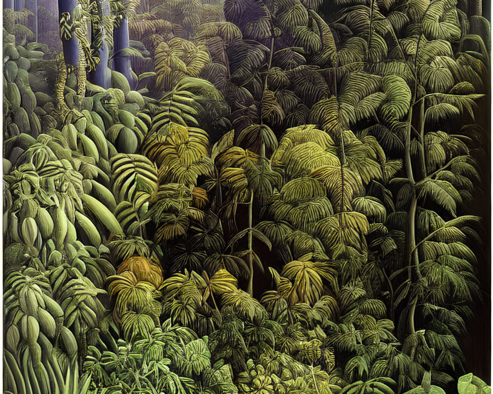 Lush jungle foliage with green plants under hazy sky