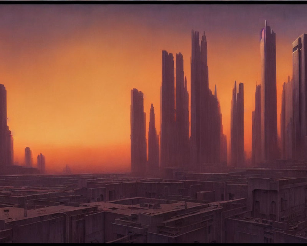 Dystopian cityscape at dusk with towering skyscrapers under orange-hued sky